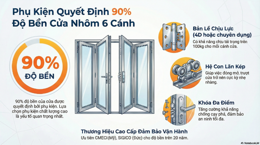 Cấu tạo phụ kiện bộ cửa nhôm 6 cánh